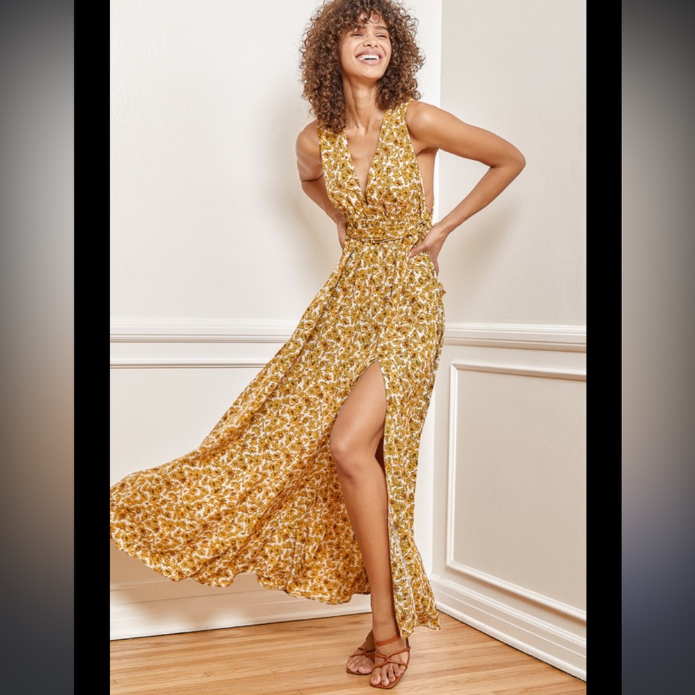 Lulus These are the Days Mustard Yellow Floral Print Halter Maxi Dress